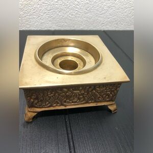 Antique Vintage Brass Footed Inkwell Square Ornate Floral Desk Stand Victorian